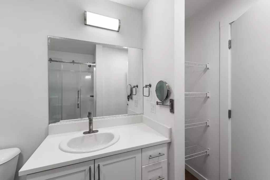 Bathroom with a vanity featuring a white sink and faucet, mirror, overhead light, and open shelving next to a shower door.